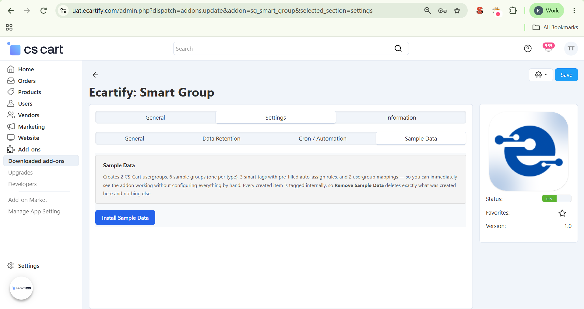 Sample Data tab with Install Sample Data option