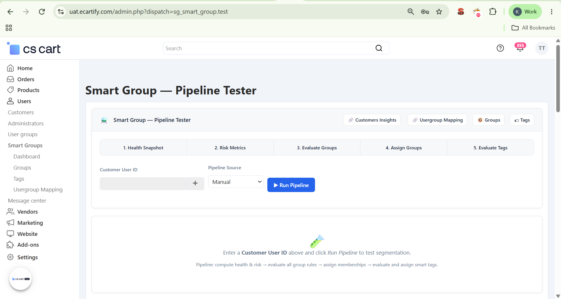 Pipeline Tester with customer selected and Run Pipeline ready to trigger