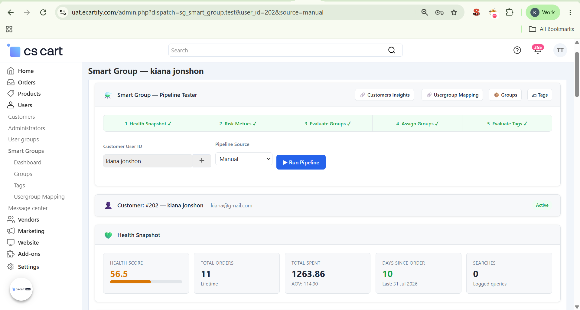 Pipeline Tester results showing customer health snapshot after running the pipeline