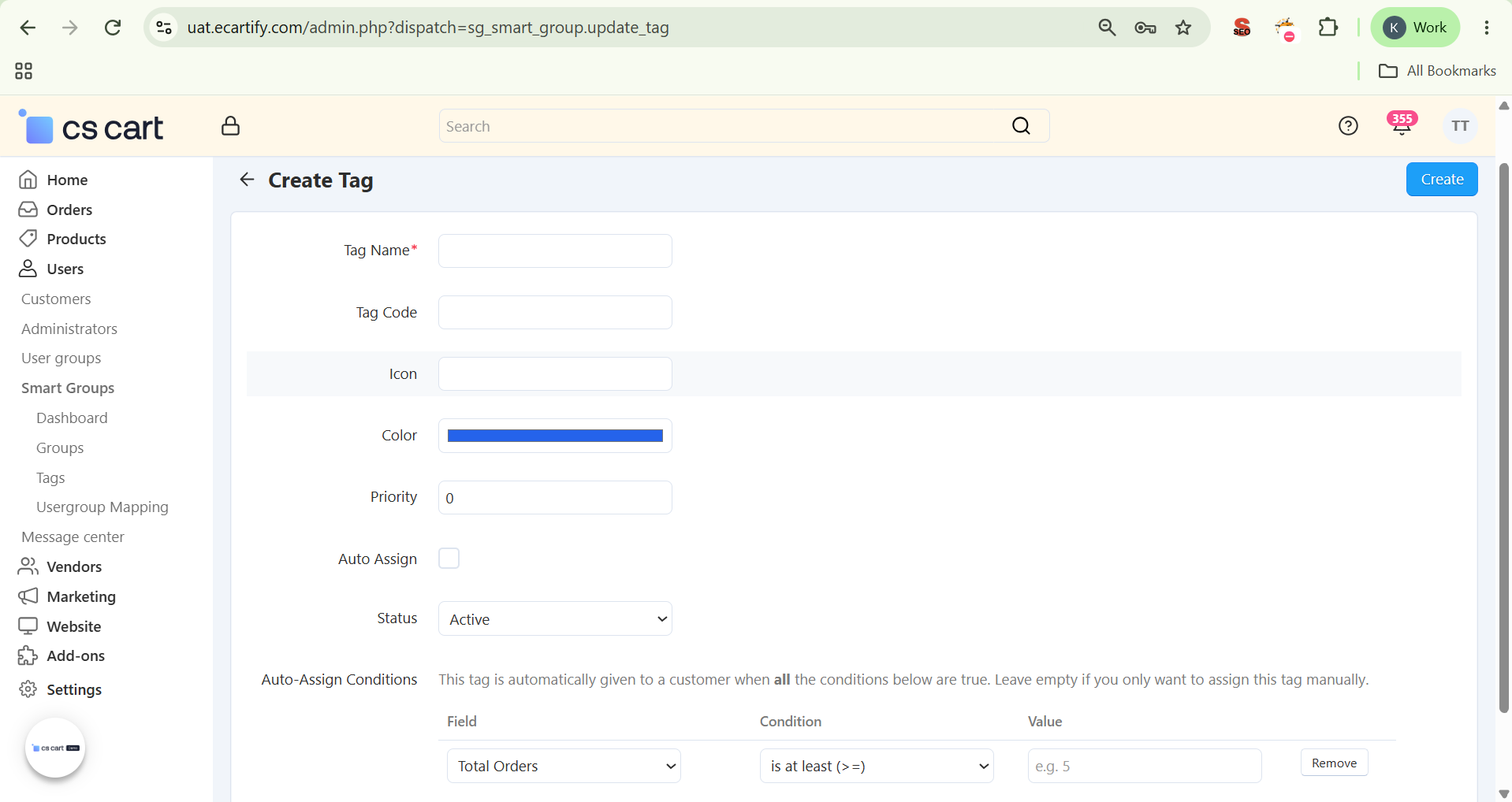 Create Tag page with Name, Code, Icon, Color, Priority, Auto Assign, and Status fields
