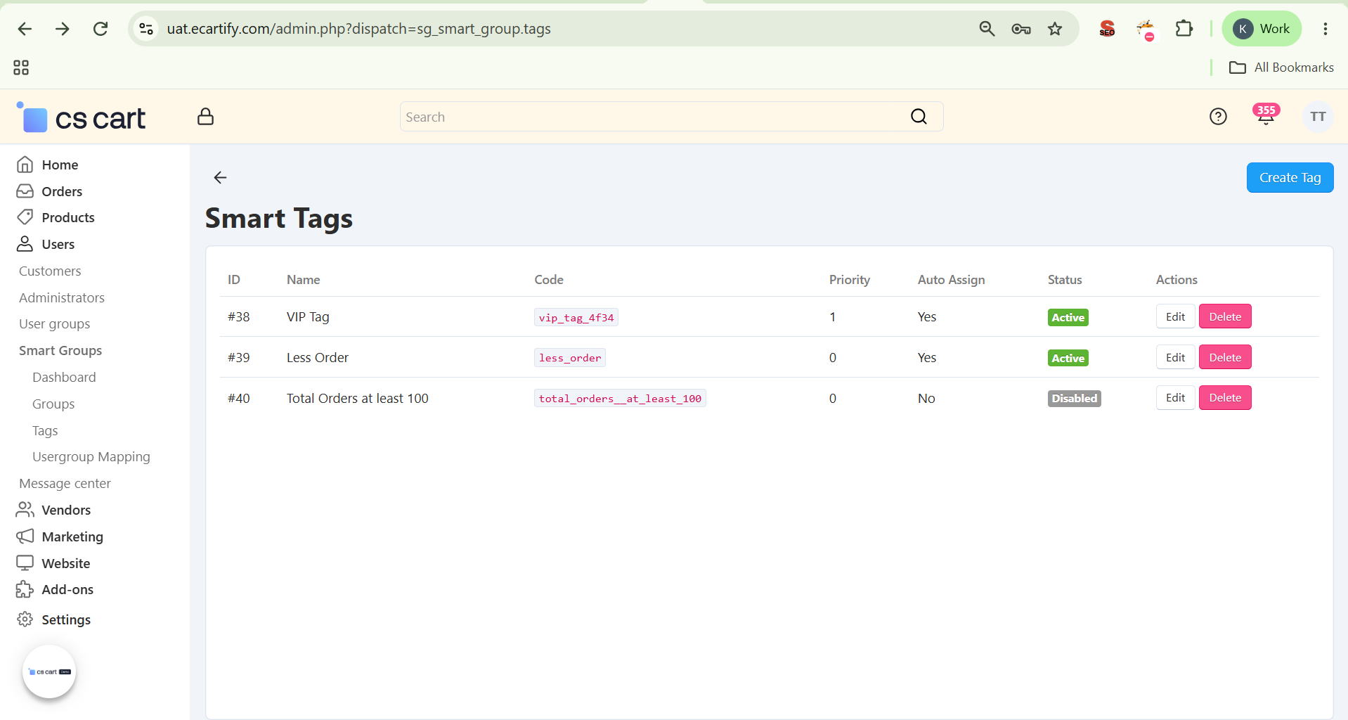 Created tag appearing in the Smart Tags list