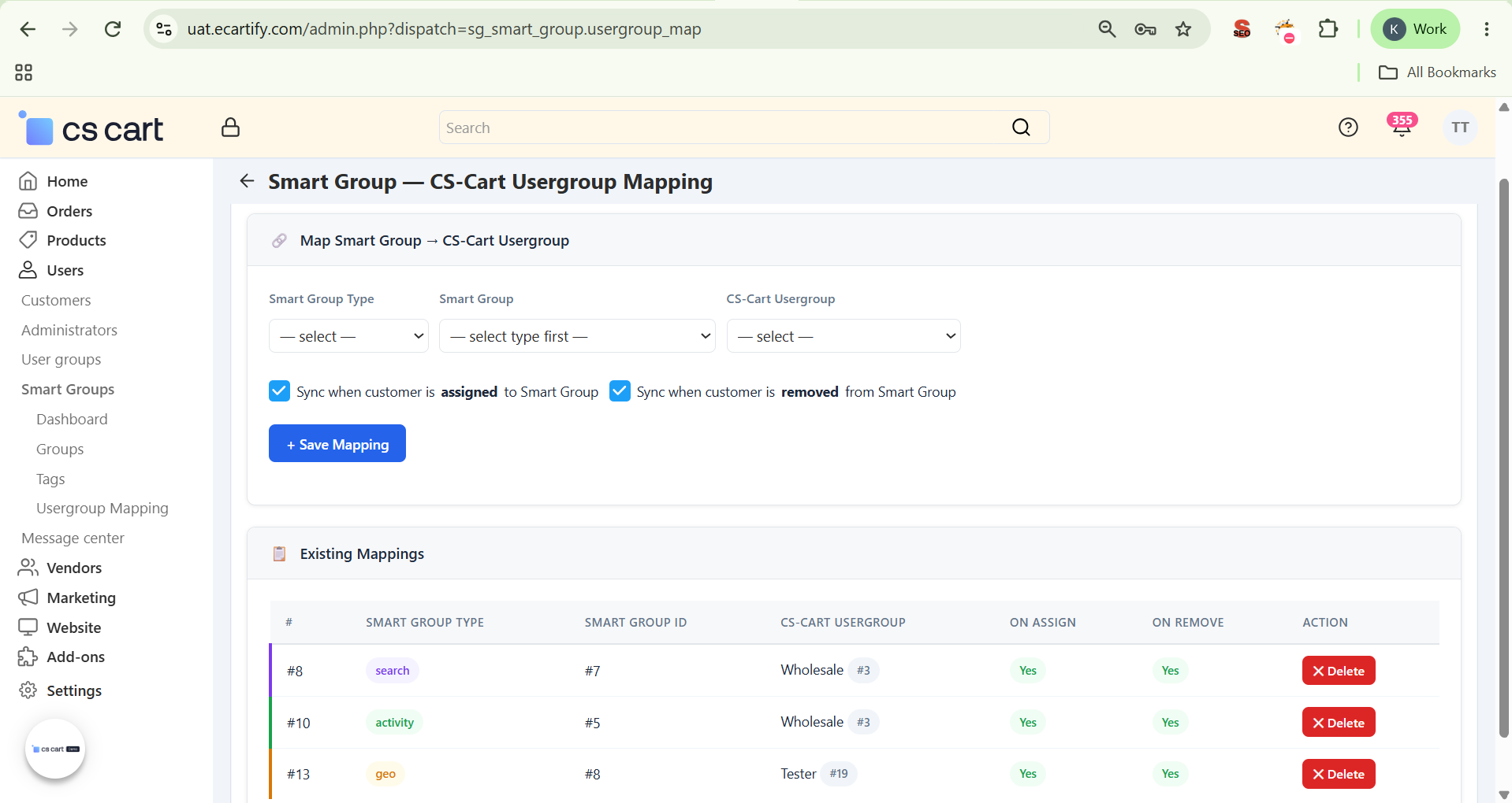 Existing Mappings table showing type, Smart Group ID, target Usergroup, and sync behavior